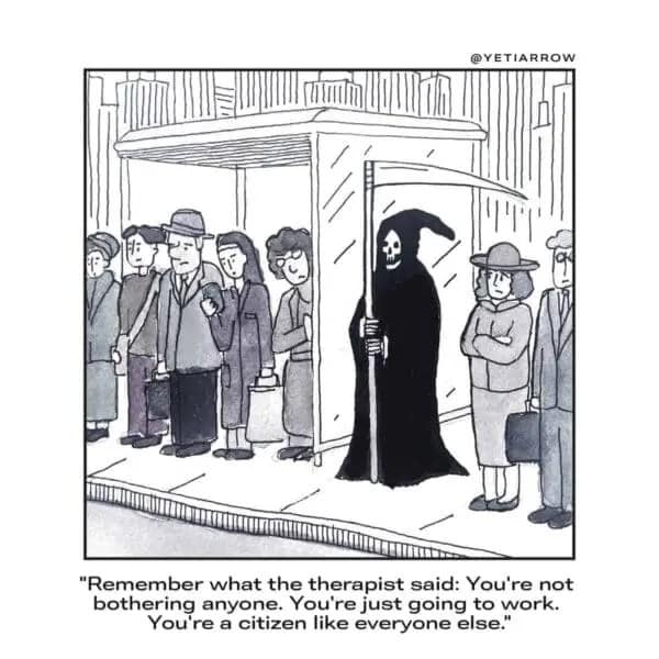 A YetiArrow comic of the Grim Reaper giving himself a pep talk at a bus stop.