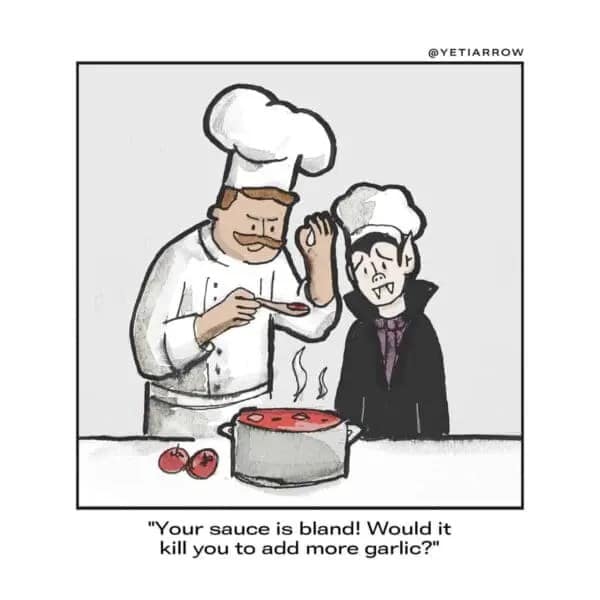A YetiArrow comic showing a chef yelling at a vampire for not adding garlic.