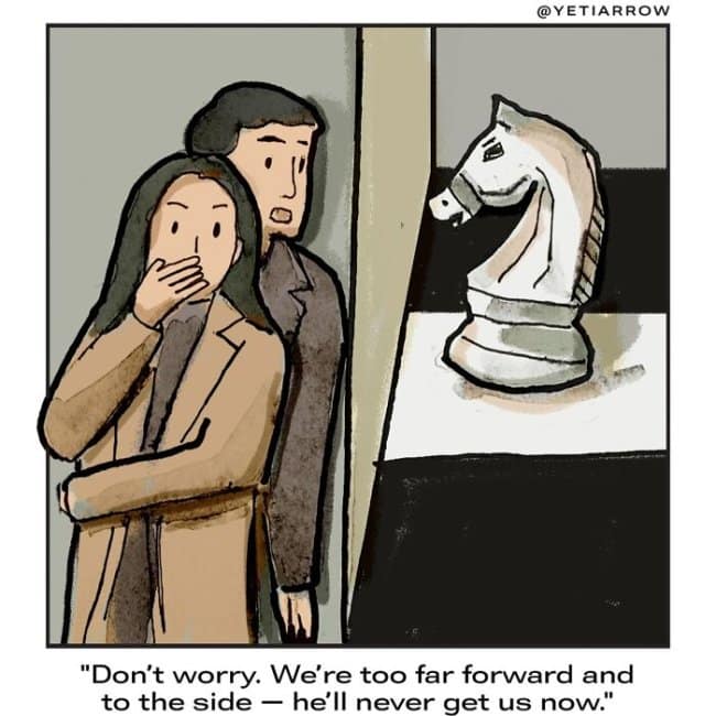 A single panel comic of a couple hiding from a giant chess knight using move rules.
