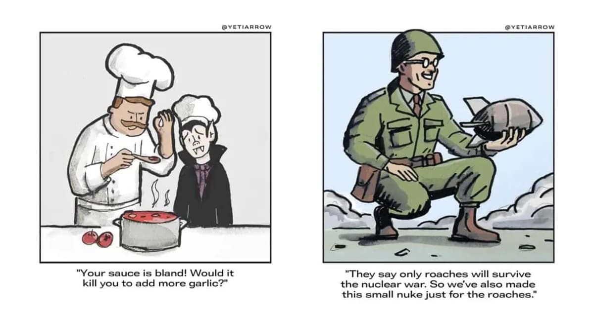 Collection of single panel comic images and YetiArrow comic compilations featuring vampire chefs and roller skating dinos