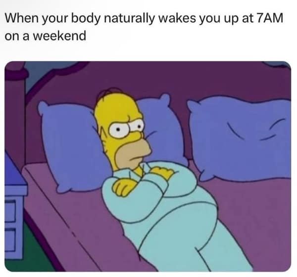 A sleep meme of Homer Simpson looking angry about waking up early on a weekend.
