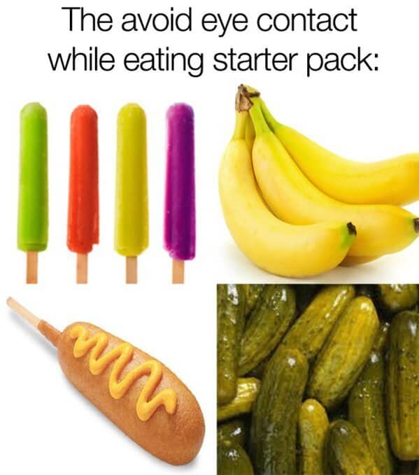Collection of phallic shaped foods like bananas and corn dogs representing awkward eating starter pack memes.