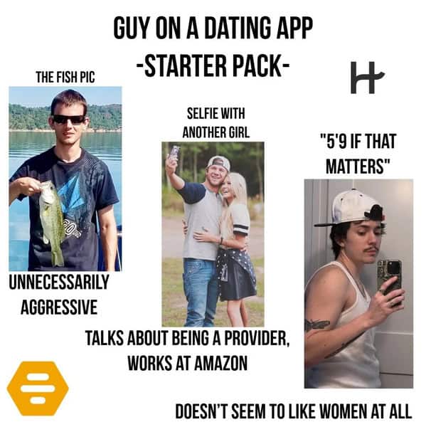Collage of dating app red flags including fish photos and height disclaimer starter pack memes.