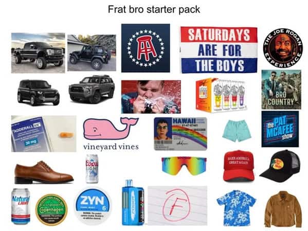 College student essentials including pastel shorts nicotine pouches and lifted trucks starter pack memes.
