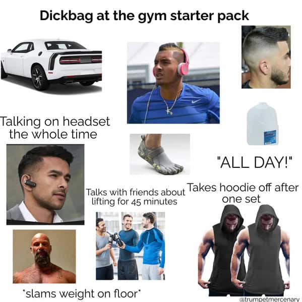 Annoying gym behavior montage including toe shoes and slamming weights starter pack memes.