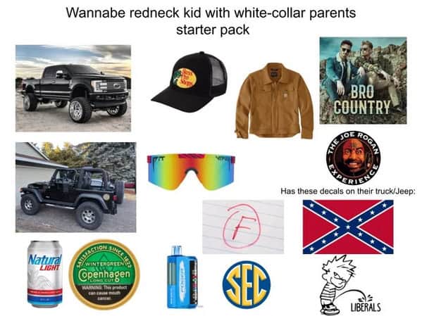 Suburban kid dressing like a country boy with expensive truck and dip starter pack memes.