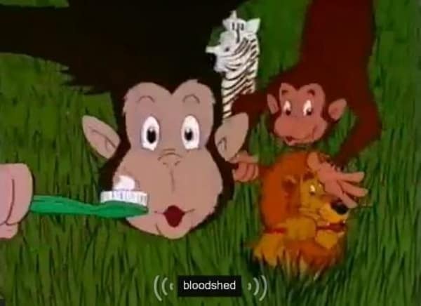 Innocent cartoon monkey brushing teeth labeled with an ominous bloodshed sound effect caption.