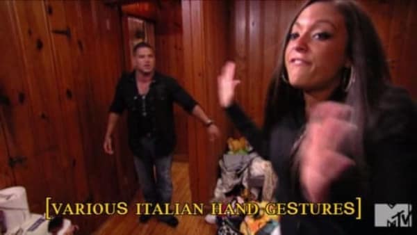 Jersey Shore cast member gesturing wildly with a descriptive Italian hand gestures caption.