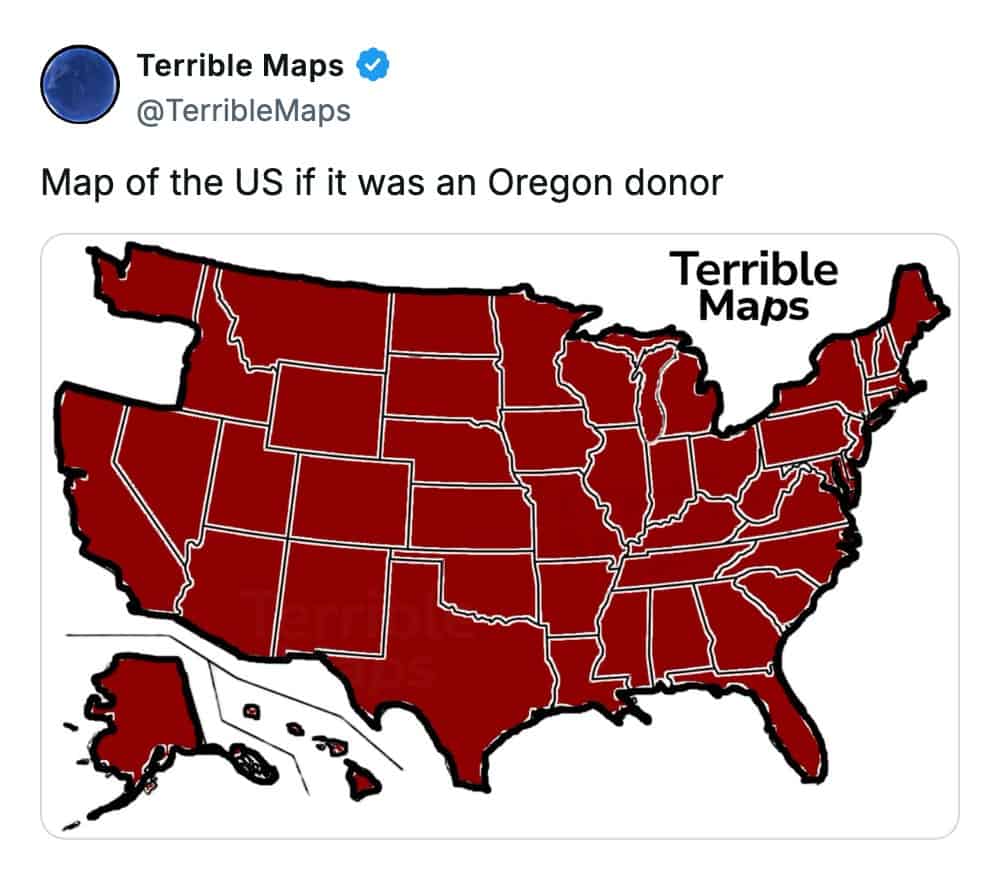 A terrible map showing the United States with the state of Oregon removed as a pun.