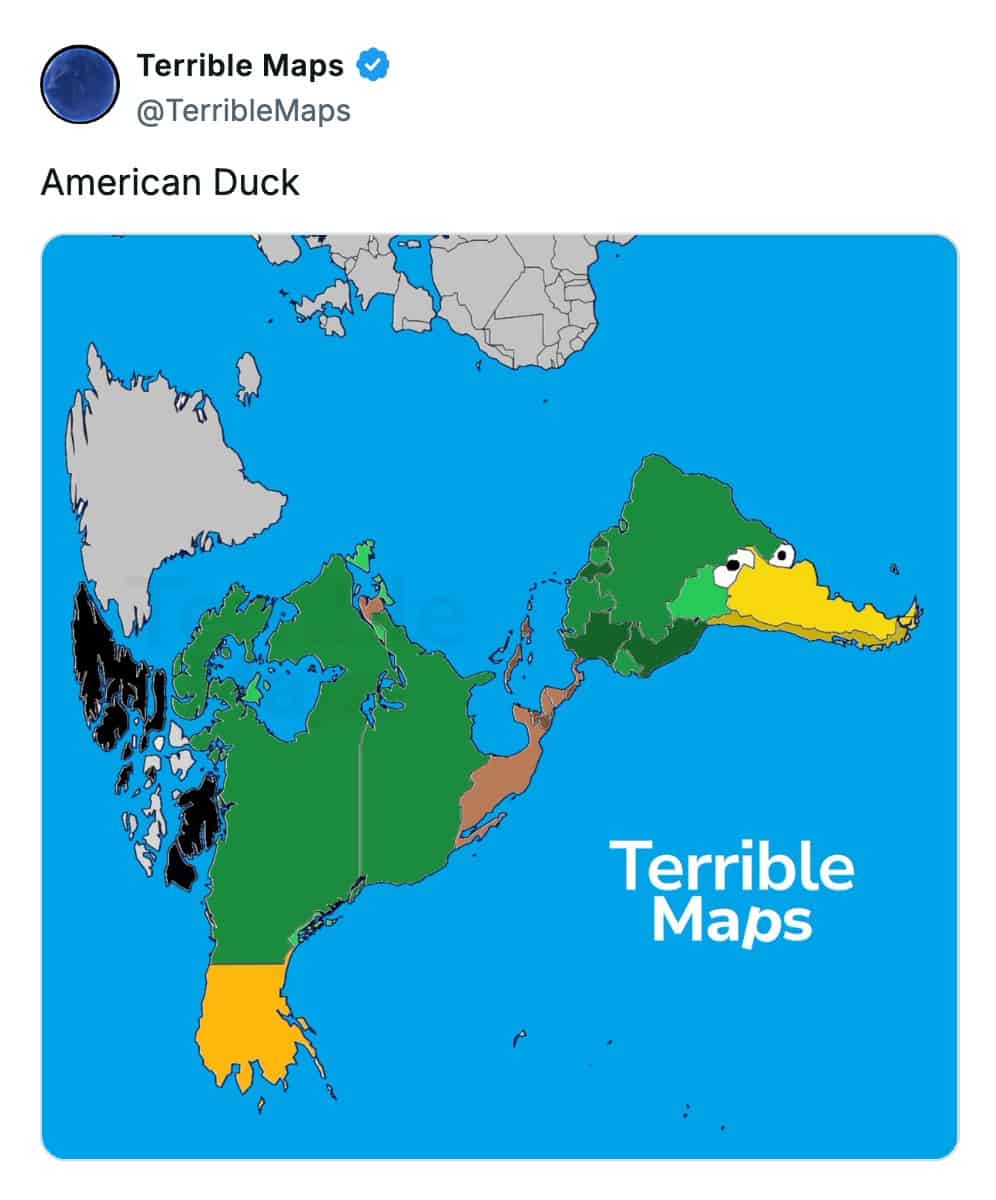A terrible map rotating the North American continent to look like a giant duck.