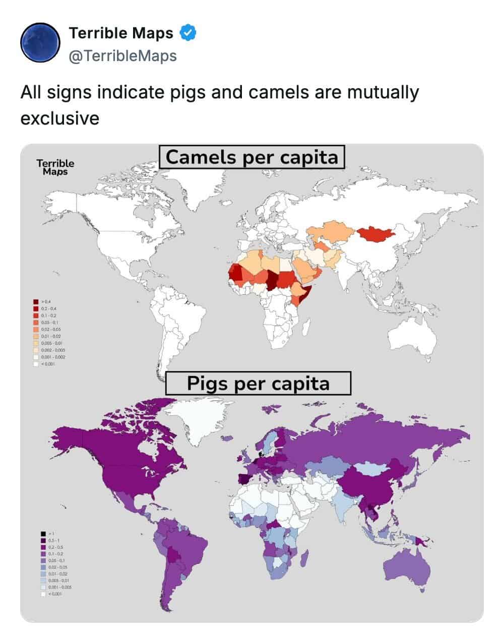 This terrible map displays the global distribution of pigs versus camels per capita