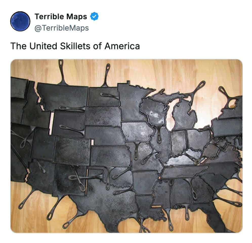 In this terrible map, cast iron skillets are shaped like US states to form the "United Skillets"