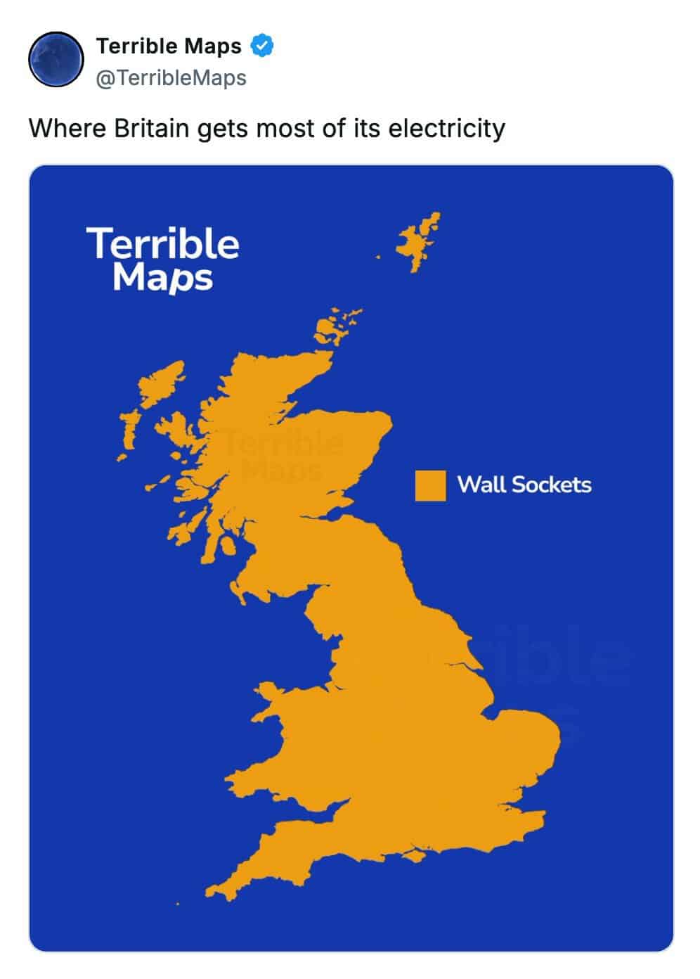 A funny terrible map jokingly explaining that Britain gets its electricity from wall sockets