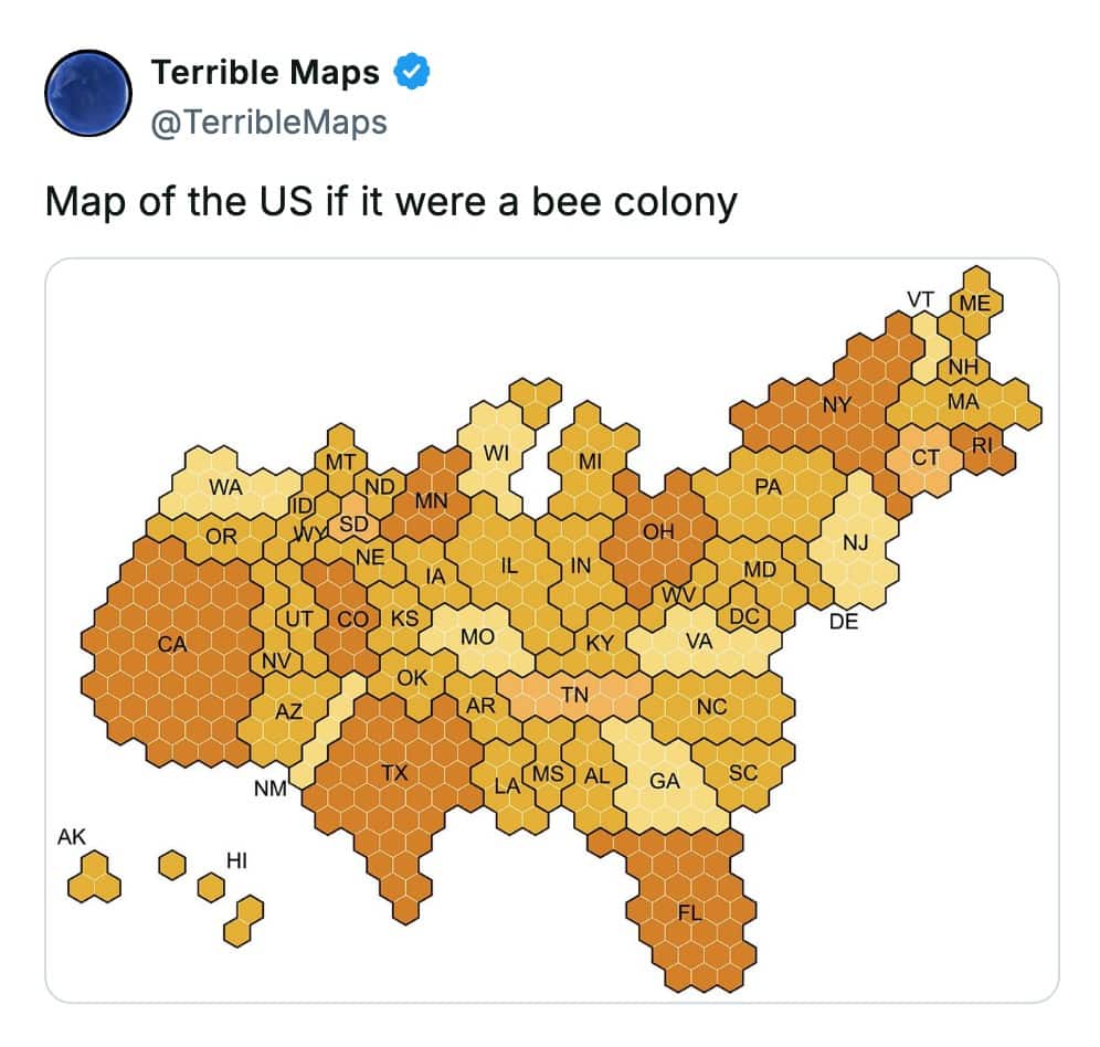 This terrible map reimagines the United States geography as a hexagonal bee colony structure