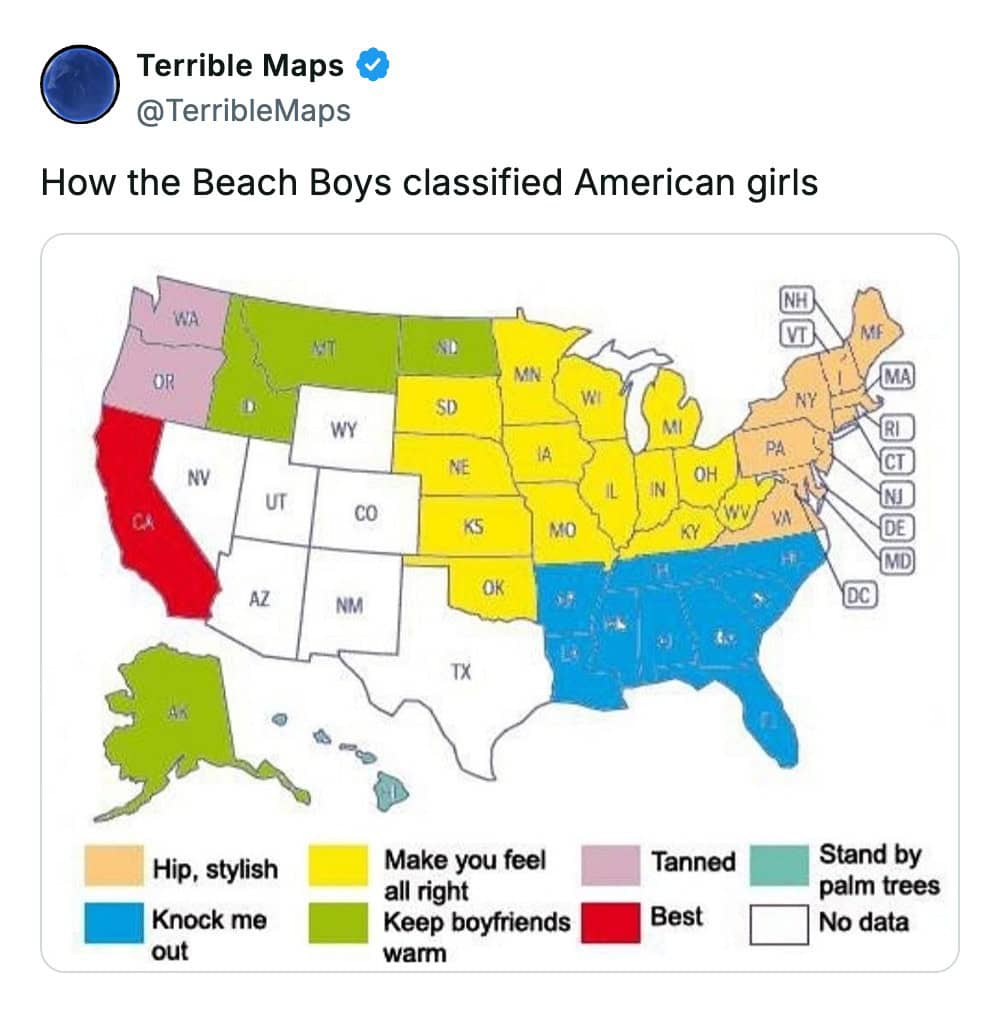 In this terrible map, the US states are categorized based on Beach Boys lyrics about girls.