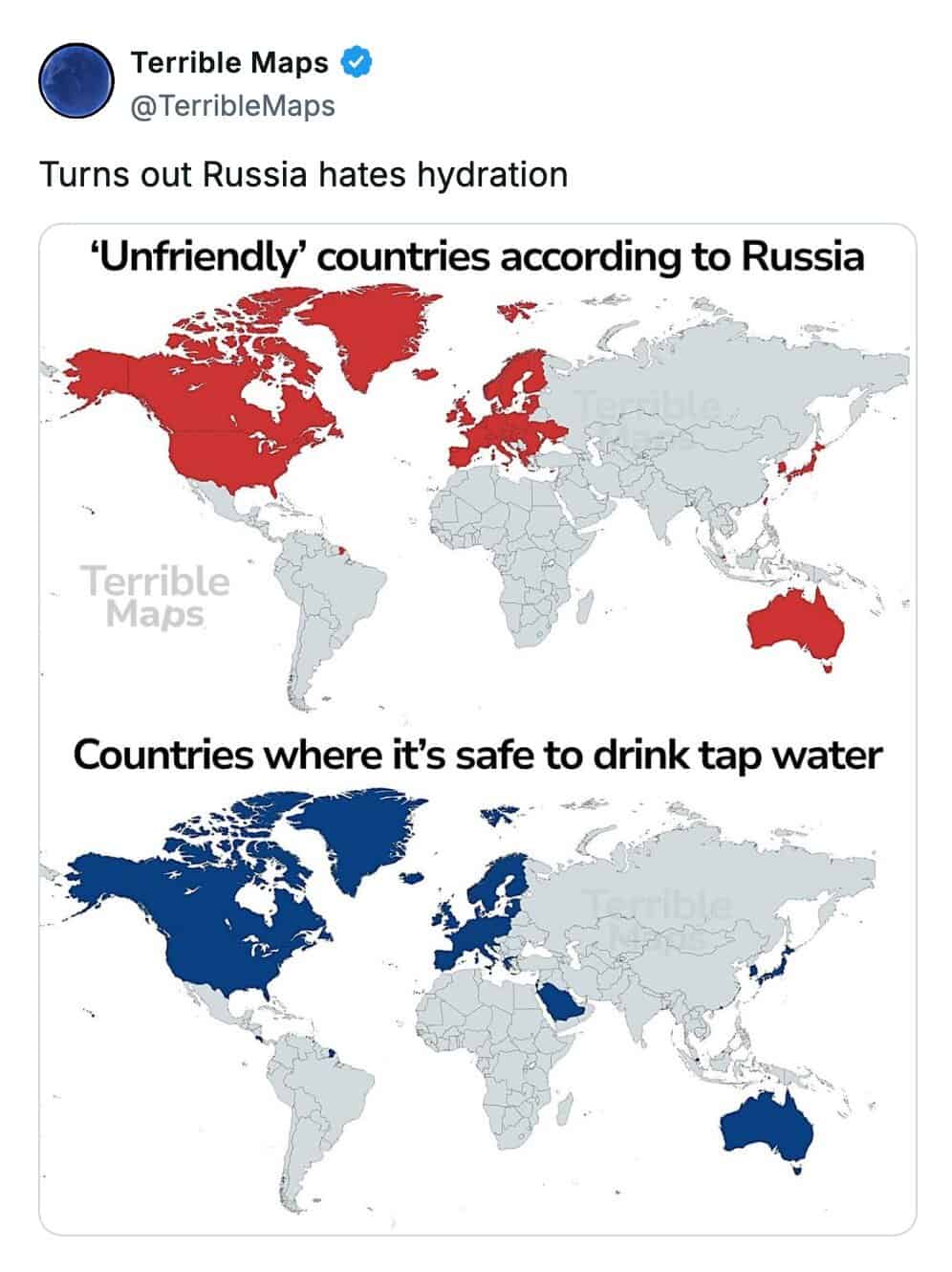 A terrible map comparing countries Russia considers "unfriendly" to countries with safe tap water.