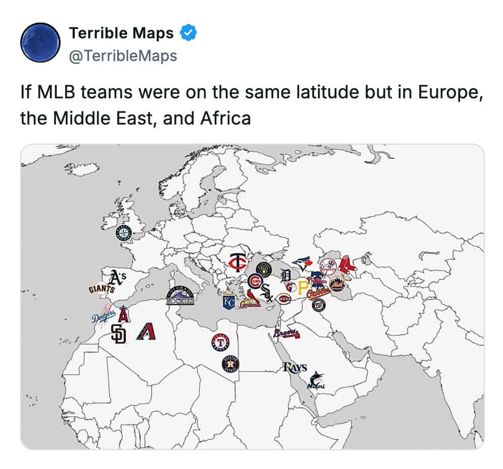 This terrible map places MLB teams on their corresponding latitudes in Europe and Africa.