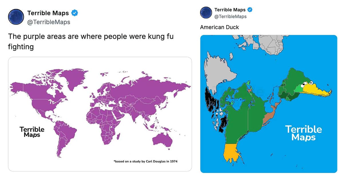 Collection of terrible map images and funny map compilations featuring United States geography fails.