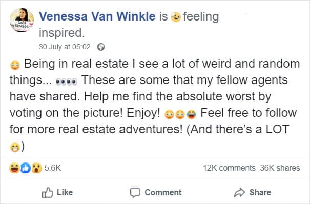 Facebook post by real estate agent asking for votes on weird listing photos.