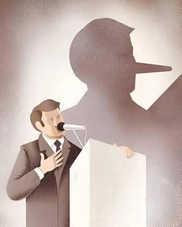 A thought provoking comic of a politician speaking while his shadow reveals a long Pinocchio nose.