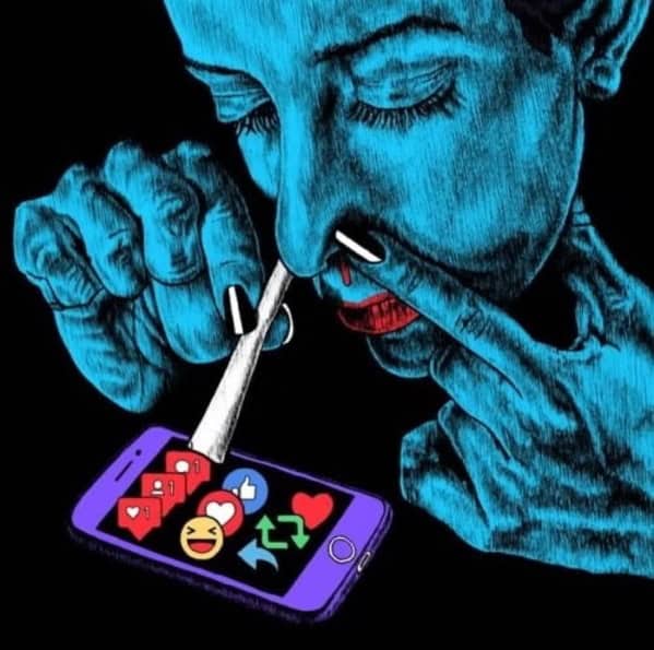 A thought provoking comic depicting a person snorting social media likes from a phone screen like drugs.