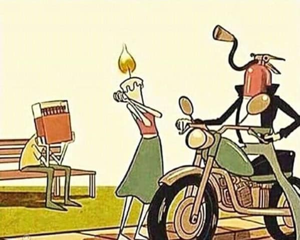 A thought provoking comic showing a candle woman ignoring a match man to date a fire extinguisher.