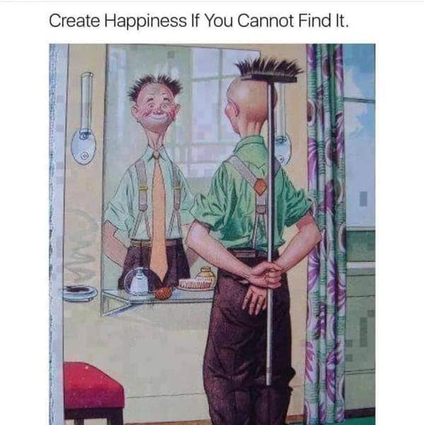 A thought provoking comic of a sad man painting a smile onto his reflection in the mirror.