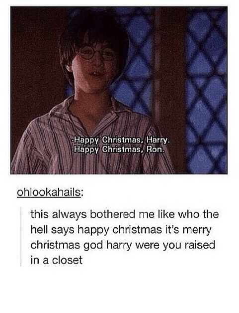 Harry Potter movie still with user comment complaining about saying Happy Christmas instead of Merry.