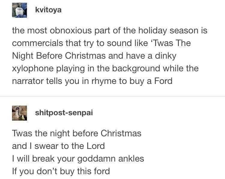 Users mocking car commercials that use bad holiday rhyming schemes to sell vehicles.