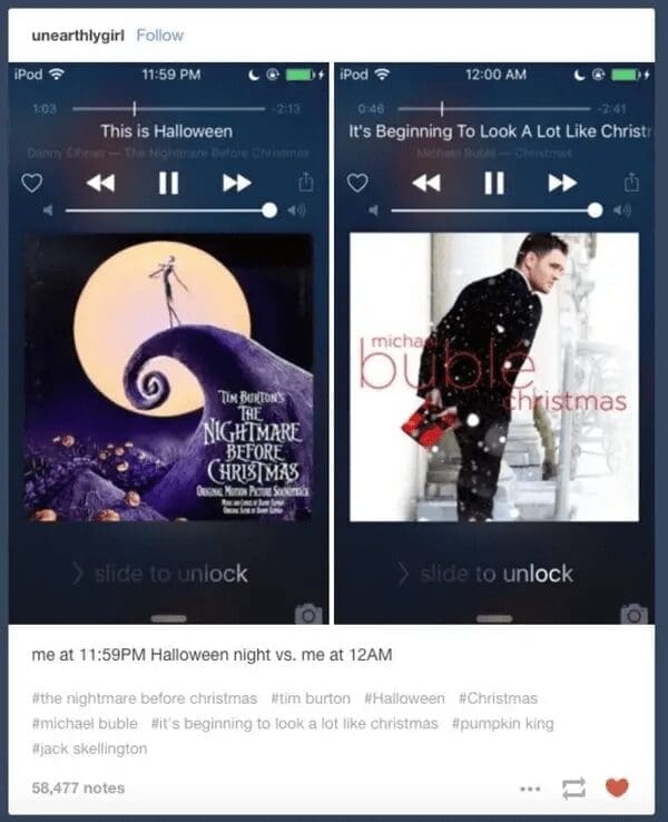 Comparison of music player at midnight switching from Nightmare Before Christmas to Michael Bublé.