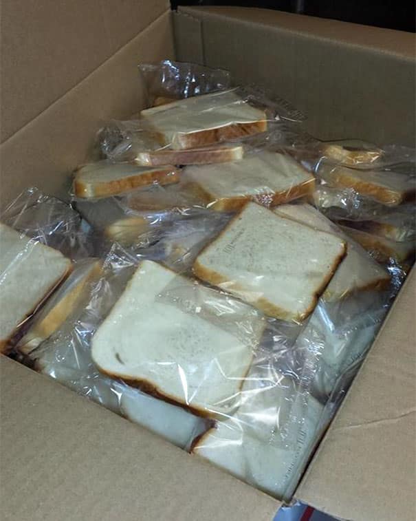 A product packaging fail showing a box of bread slices individually wrapped in plastic.