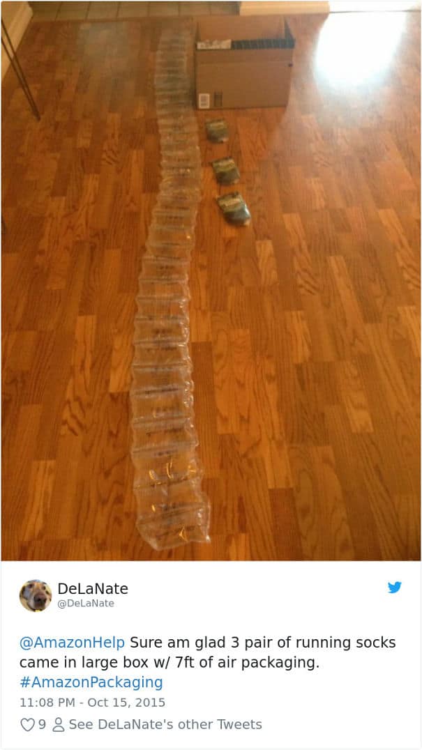 A product packaging fail showing a long strip of air pillows used for three pairs of socks.