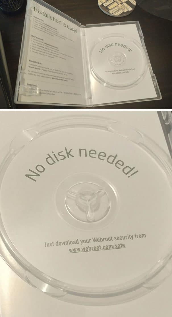A product packaging fail showing a plastic disc case containing no disk only a download code.