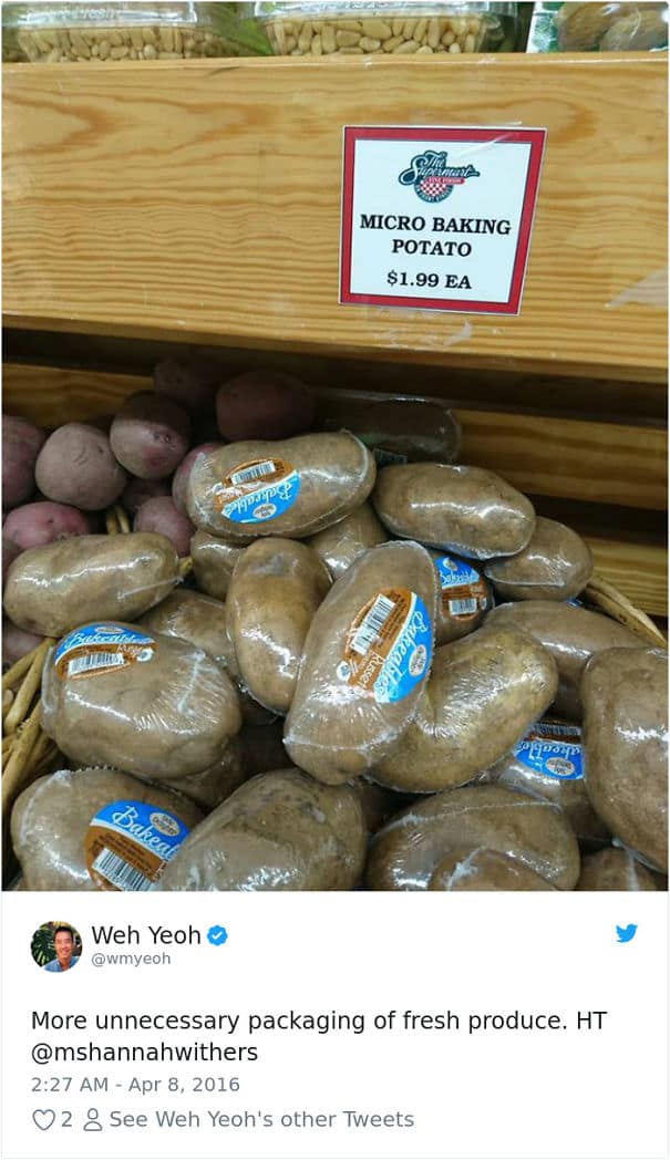 An unnecessary packaging fail of single russet potatoes shrink wrapped in plastic.