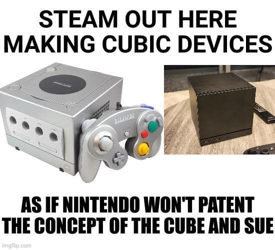 Comparison of the Nintendo GameCube and the new cubic Valve Steam Machine meme.