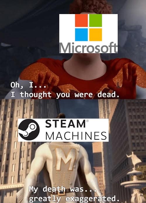 Metroman from Megamind surprising Microsoft with the return of the Valve Steam Machine meme.