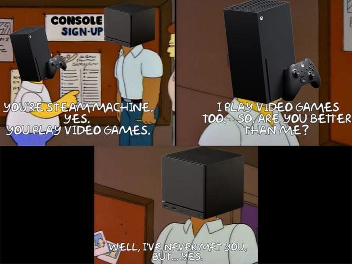 Homer Simpson comparing an Xbox Series X to a Valve Steam Machine meme box.