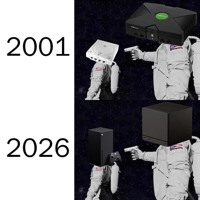 Astronauts comparing 2001 consoles to 2026 consoles in a Valve Steam Machine meme.