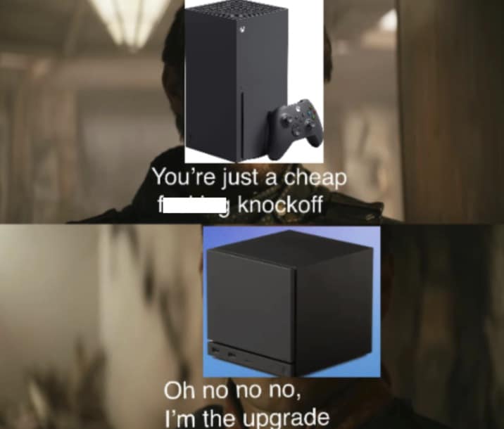 Soldier Boy from The Boys comparing Xbox to the Valve Steam Machine meme upgrade.