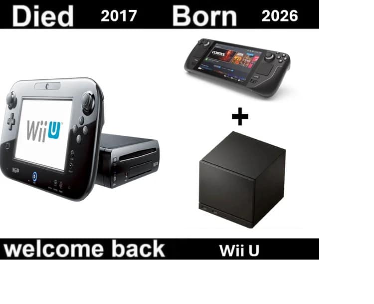 Graphic showing the timeline of the Wii U dying and being reborn as a Valve Steam Machine meme.