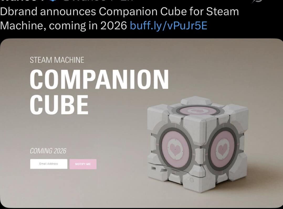 Portal Companion Cube skin applied to a Valve Steam Machine meme console.