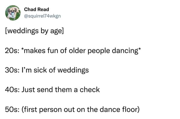 A funny wedding tweet categorizing reactions to weddings by age group.