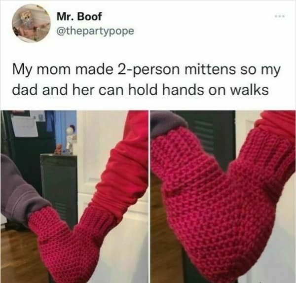 A wholesome meme showing a two-person mitten knitted by a mom for holding hands on walks