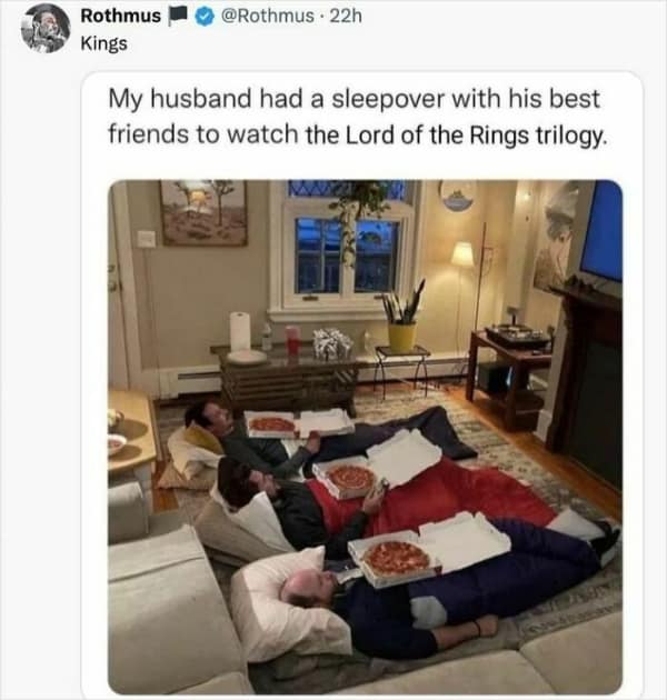 A happy meme showing a husband having a sleepover with friends to watch Lord of the Rings.