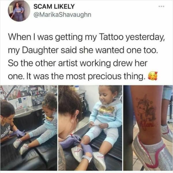 A wholesome meme showing a tattoo artist drawing a marker unicorn on a little girl's leg.