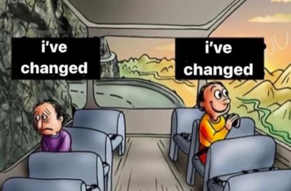 A wholesome meme cartoon contrasting feeling changed by hardship vs feeling changed by beauty.