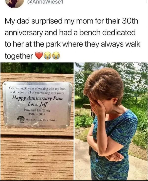 A wholesome meme tweet about a dad dedicating a park bench to his wife for their anniversary.