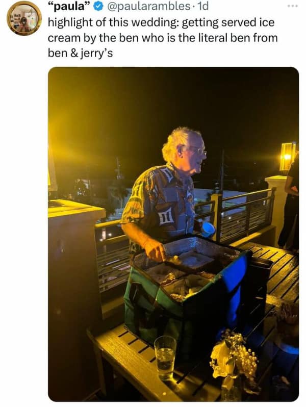 A wholesome meme tweet showing Ben from Ben and Jerry's serving ice cream at a wedding.