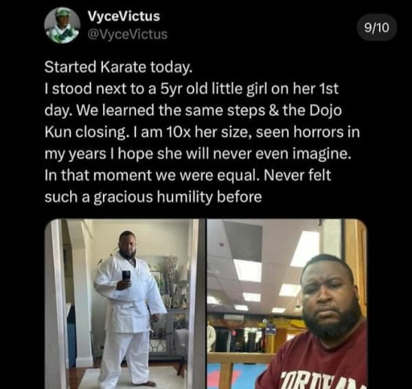 A wholesome meme tweet from a large man feeling humbled by a 5-year-old girl in karate class.