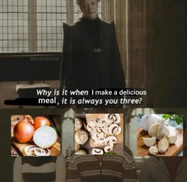 A wholesome meme using Harry Potter characters to represent onions, mushrooms, and garlic.